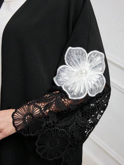 Al Najma العباءة العربية المطرزة للسيدات، قطعة واحدة فضفاضة مع أكمام مزينة بالدانتيل والتطريز والترقيع، عباءة عربية طويلة أكمام طويلة وموضة محتشمة للاستخدام اليومي العادي أو الحفلات