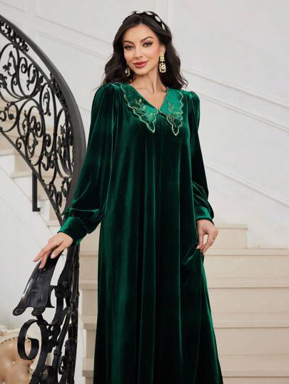 Al Najma فستان طويل أنيق بأكمام طويلة ذو ياقة مطرزة من القطيفة للنساء، لفصل الخريف/الشتاء، فستان ماكسي أنيق بقصة A للاستخدام اليومي والسهرات