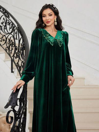 Al Najma فستان طويل أنيق بأكمام طويلة ذو ياقة مطرزة من القطيفة للنساء، لفصل الخريف/الشتاء، فستان ماكسي أنيق بقصة A للاستخدام اليومي والسهرات