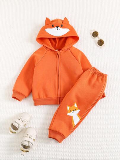 Cozy Pixies مجموعتين جاكيت وسروال لصبي طفل بطبعة ثعلب كرتوني وغطاء رأس