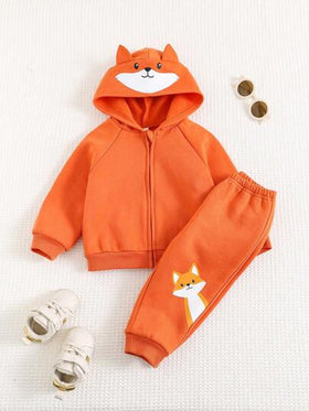 Cozy Pixies مجموعتين جاكيت وسروال لصبي طفل بطبعة ثعلب كرتوني وغطاء رأس