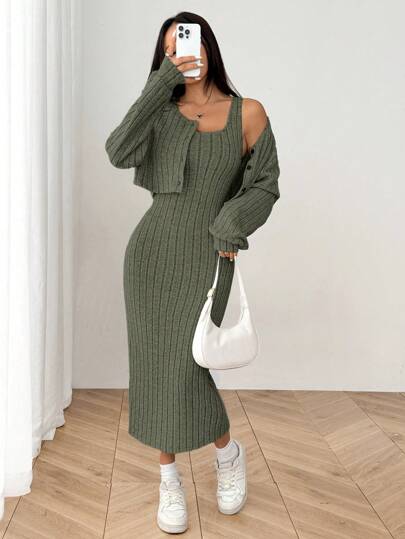 طقم حريمي قطعتين EZwear مجموعة جاكيت وفستان متوسط الطول من النساء لموسم الخريف، جاكيت بأزرار أمامية وفستان سكيني بنسيج مضلع
