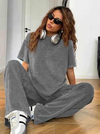 EZwear طقم بنطلون وبلوزة ذات ياقة مستديرة وأكمام قصيرة، ذو تشطيب مهترئ انسيابي، مناسب للخريف/الشتاء