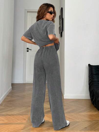EZwear طقم بنطلون وبلوزة ذات ياقة مستديرة وأكمام قصيرة، ذو تشطيب مهترئ انسيابي، مناسب للخريف/الشتاء