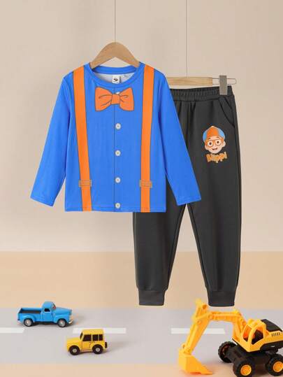 فستان أطفال Blippi X  طقم لطفل بتصميم كرتوني رياضي كاجوال 2 قطعة: تي شيرت أزرق مخطط جيب علامة مميزة و بنطلون جراي داكن، بدلة تنكرية مناسبة للربيع/الخريف/الشتاء