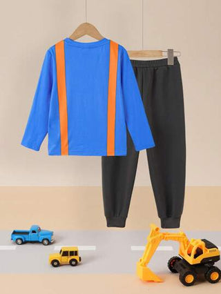 فستان أطفال Blippi X  طقم لطفل بتصميم كرتوني رياضي كاجوال 2 قطعة: تي شيرت أزرق مخطط جيب علامة مميزة و بنطلون جراي داكن، بدلة تنكرية مناسبة للربيع/الخريف/الشتاء