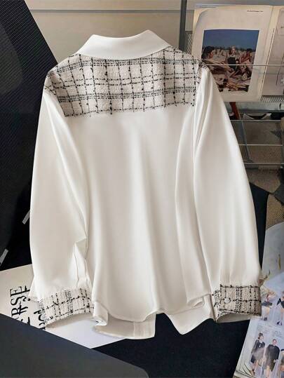 SHEIN LUNE قميص كاجوال طويل الأكمام مرقع مربعات لصيف متجددة مقاسات كبيرة