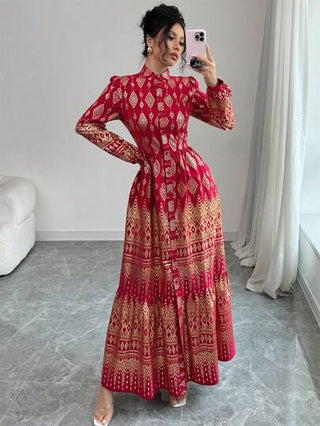 Calvaya فستان نسائي بياقة مرفوعة وأكمام طويلة مزين بشريط من الورق المقوى علي الخصر وأطراف الأكمام واسع القصة ، ملابس خريفية/شتوية مناسبة لارتداء في عام جديد