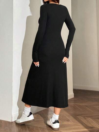 فساتين حريمي EZwear فستان طويل الأكمام ذو رقبة مربعة مناسب للمرأة، أنيق