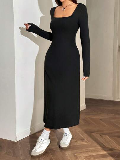 فساتين حريمي EZwear فستان طويل الأكمام ذو رقبة مربعة مناسب للمرأة، أنيق