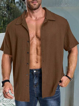 Manfinity Homme قميص كاجوال للرجال من القياسات الكبيرة بأكمام قصيرة ذو لون أحادي ذو صدر واحد للمكتب