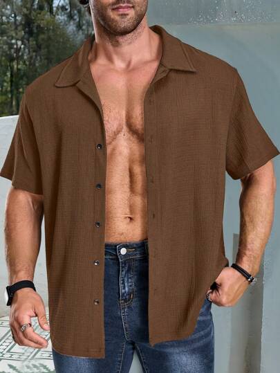 Manfinity Homme قميص كاجوال للرجال من القياسات الكبيرة بأكمام قصيرة ذو لون أحادي ذو صدر واحد للمكتب