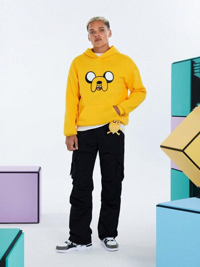 ADVENTURE TIME X SHEIN قميص كاجوال فضفاض محبوك بطبعة شخصية جاك, لون أصفر, سترة مخملية, خريف/شتاء