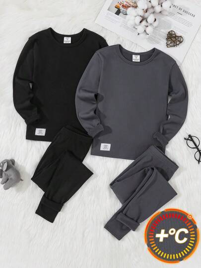 SHEIN مجموعة ملابس داخلية حرارية ناعمة وراحة من 4 قطع: بنطلون وتيشرت كم طويل رقبة طاقم بطباعة حرف ملونة بالأسود والرمادي للصبي المراهق