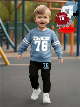 SHEIN Explorewe طقم كاجوال رياضي 6 قطع للفتى الصغير، بطبعة الرقم 76 والحروف، بلوزة سويتر وبنطلون طويل، ملابس مناسبة للارتداء اليومي، المدرسة، الخارج، الرياضة، في فصلي الربيع والخريف
