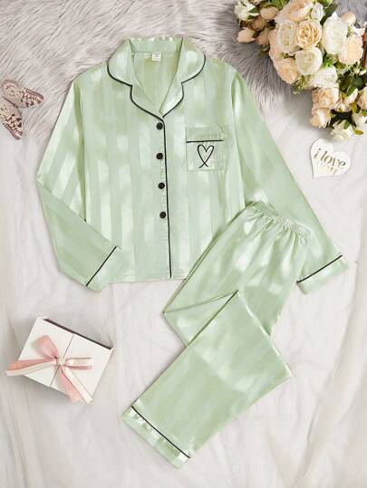 بيجاما بنطلون وكارديجان بياقة طويلة بنقشة شريطية شمبانيا 2 قطعة، بيجامة للبنات