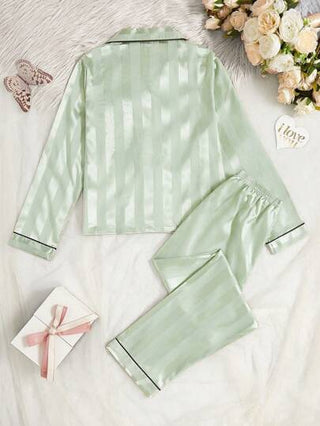 بيجاما بنطلون وكارديجان بياقة طويلة بنقشة شريطية شمبانيا 2 قطعة، بيجامة للبنات