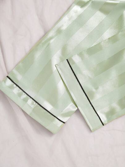 بيجاما بنطلون وكارديجان بياقة طويلة بنقشة شريطية شمبانيا 2 قطعة، بيجامة للبنات