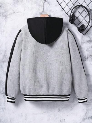 SHEIN جاكيت هودي بألوان متضاربة للفتيان في السن المتوسط في فصلي الربيع والخريف ، يحتوي على طباعة حروف وجيوب مزدوجة