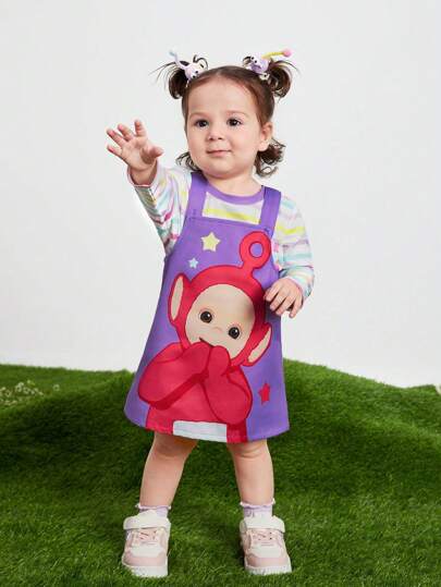 Teletubbies X  تي شيرت كاجوال منقوش ملون جذاب بتصميم كرتوني للطفلة الرضيعة ،كت نجوم بطبعة شخصيات مدببة باللون البنفسجي ، مناسب لجميع الفصول