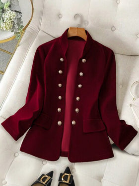 SHEIN Clasi جاكيت نسائية ذات تركيبة مناسبة بتصميم ياقة فرنسية مزينة بأزرار باللون الأحمر
