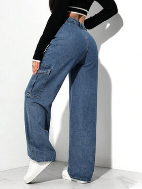 SHEIN EZwear بنطلون شحن جينز ممسوح بخصر مستقيم عرضي