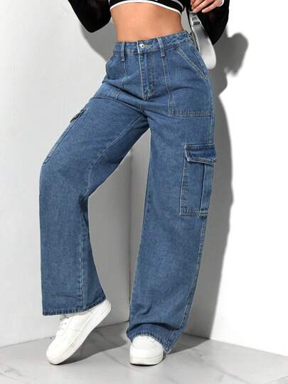 SHEIN EZwear بنطلون شحن جينز ممسوح بخصر مستقيم عرضي