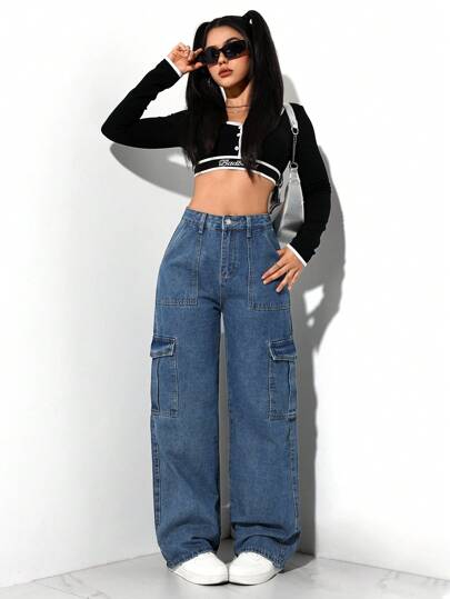 SHEIN EZwear بنطلون شحن جينز ممسوح بخصر مستقيم عرضي