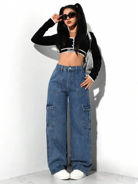 SHEIN EZwear بنطلون شحن جينز ممسوح بخصر مستقيم عرضي