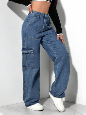 SHEIN EZwear بنطلون شحن جينز ممسوح بخصر مستقيم عرضي