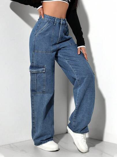 SHEIN EZwear بنطلون شحن جينز ممسوح بخصر مستقيم عرضي