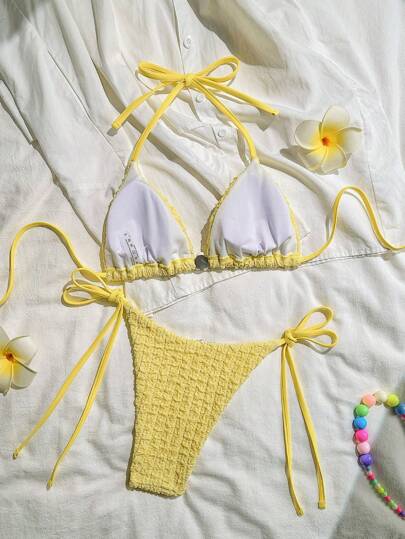 Swim Mod 2 قطعة/مجموعة بكيني علوي بياقة مزدوجة ولون أصفر من النسيج المحبك وبكيني سفلي مع ربطة جانبية، ملابس سباحة للنساء للصيف