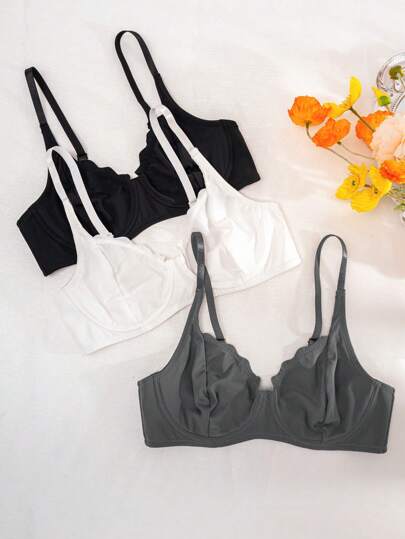 Shein Underwear&Sleepwear Basics 3 قطع/طقم حمالة تحتية سلسة ذات حافة موجية بدون سلك مع قاعدة رفيعة