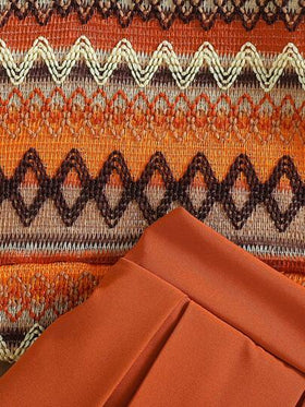 Elladie kids طقم لفتاة صغيرة مكون من 2 قطعة: ملابس علوية كم طويل بطبعة هندسية وتنورة كشكشة بلون صلب برتقالي، إطلالة رجعية للفتيات الصغيرات