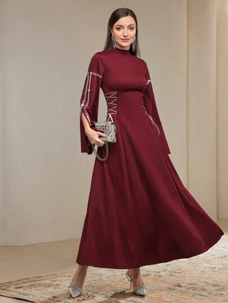 Modelyn فستان نسائي طويل الأكمام مزين بالكريستال مع شق جانبي وربطة،أنيق فستان سهرة طويل