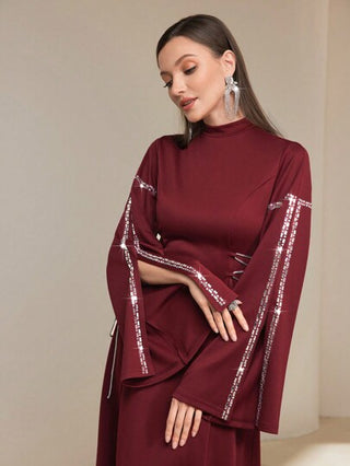 Modelyn فستان نسائي طويل الأكمام مزين بالكريستال مع شق جانبي وربطة،أنيق فستان سهرة طويل