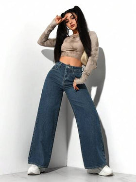 SHEIN PETITE بنطال جينز مغسول كلاسيكي ذو ساق مستقيمة