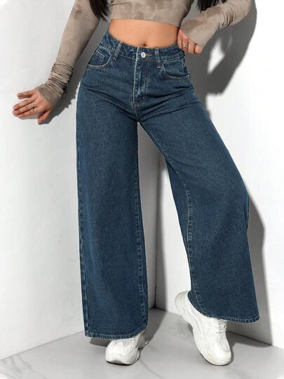 SHEIN PETITE بنطال جينز مغسول كلاسيكي ذو ساق مستقيمة