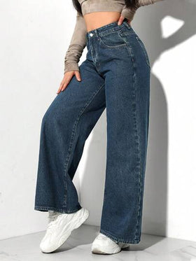 SHEIN PETITE بنطال جينز مغسول كلاسيكي ذو ساق مستقيمة