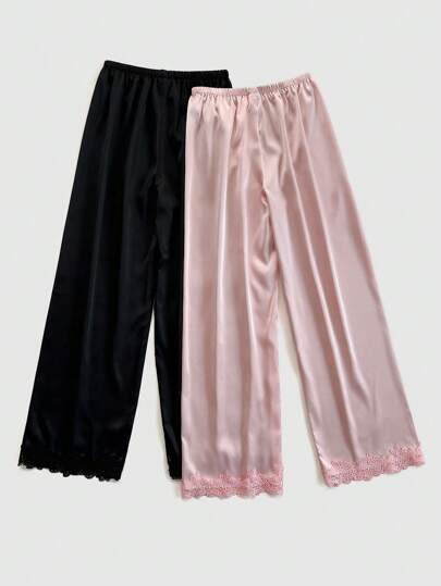 Shein Underwear&Sleepwear Basics زوجان من البناطيل المستقيمة ذات الوسط المطاطي من التصميم المرقّع بالدانتيل والحرير الاصطناعي