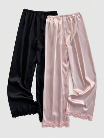 Shein Underwear&Sleepwear Basics زوجان من البناطيل المستقيمة ذات الوسط المطاطي من التصميم المرقّع بالدانتيل والحرير الاصطناعي