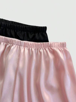 Shein Underwear&Sleepwear Basics زوجان من البناطيل المستقيمة ذات الوسط المطاطي من التصميم المرقّع بالدانتيل والحرير الاصطناعي