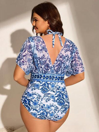 Swim Lushoire بدلة سباحة بقطعة واحدة مع طراز السيراميك الأزرق والأبيض مقاس كبير للصيف