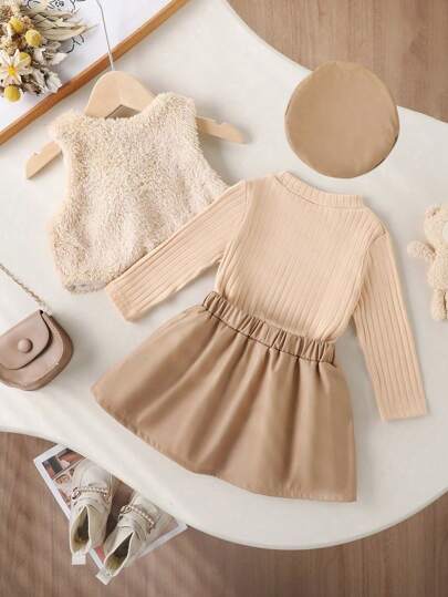 SHEIN Vintaside Kids 3 مجموعات تنورة فاخرة ناعمة لطفلة مع قبعة بيريه، ملابس خريف/شتاء