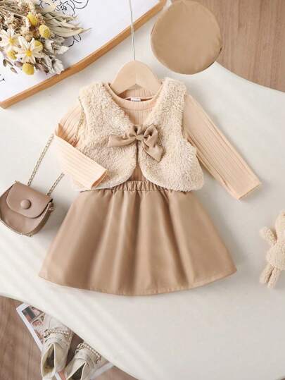 SHEIN Vintaside Kids 3 مجموعات تنورة فاخرة ناعمة لطفلة مع قبعة بيريه، ملابس خريف/شتاء