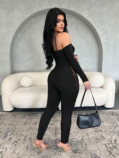 SXY بدلة نسائية شفافة من الشبك الأسود، ملابس سهرة وحفلات جريئة للخريف/الشتاء