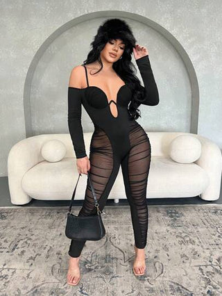 SXY بدلة نسائية شفافة من الشبك الأسود، ملابس سهرة وحفلات جريئة للخريف/الشتاء