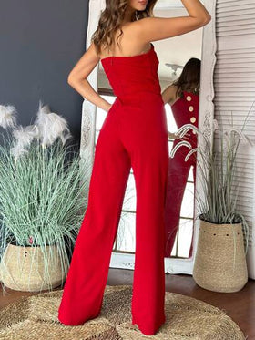 ChicMe جمبسوت كاجوال بدون أكتاف غير متماثلة مزينة بأزرار معدنية، أنيقة للصيف