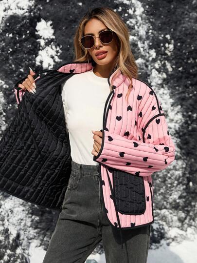 SHEIN VCAY معطف نسائي كاجوال مطبوع بالقلوب، قطعة مرقعة مع جيب أمامي وعقدة، مناسب للخريف والشتاء، مع ربطة أمامية، ملابس نسائية لعيد الميلاد، باللون الوردي، مناسب لرأس السنة والعطلات
