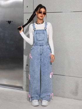 SHEIN بناطيل جينز غسيل حجري واسعة للمراهقات، بحزام ديكوري لأزياء Y2K، بدلة جينز مع جيوب مزينة بعقدة فراشة، ملابس بنات صالحة للخريف والشتاء وللعودة إلى المدرسة
